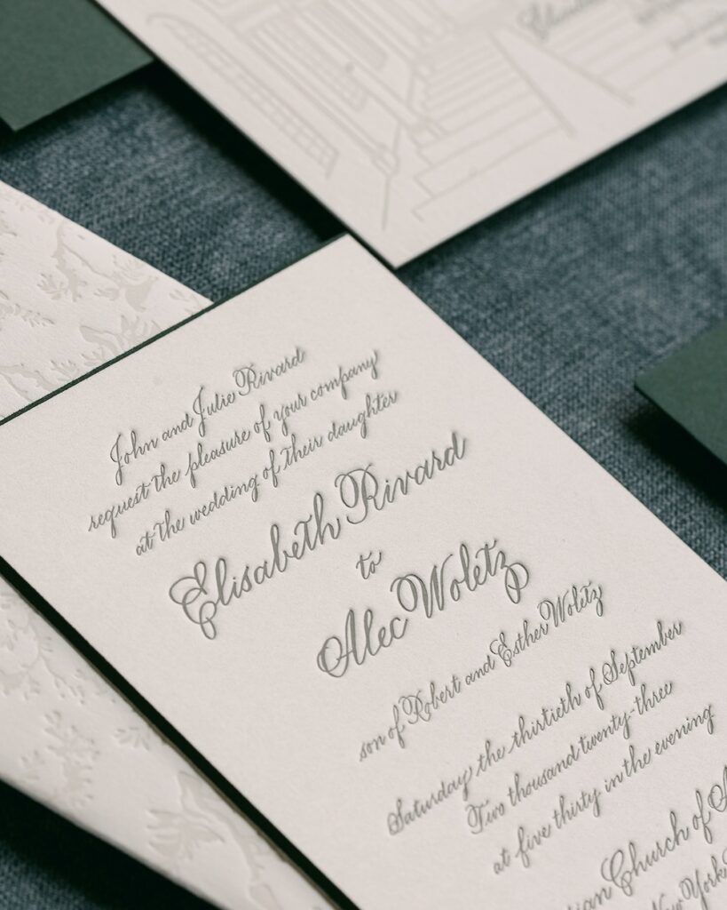 3 ply letterpress wedding invitation with grey text and green beveled edge. Laura Hooper Design House. 