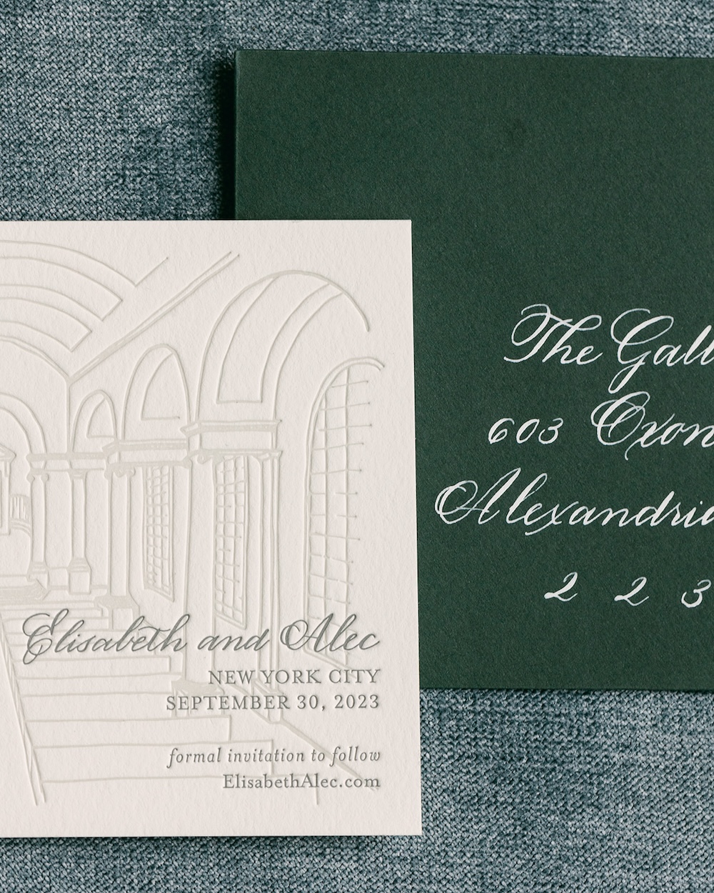 racing green wedding invitation envelope with white hand calligraphy addressing. Laura Hooper Design House.