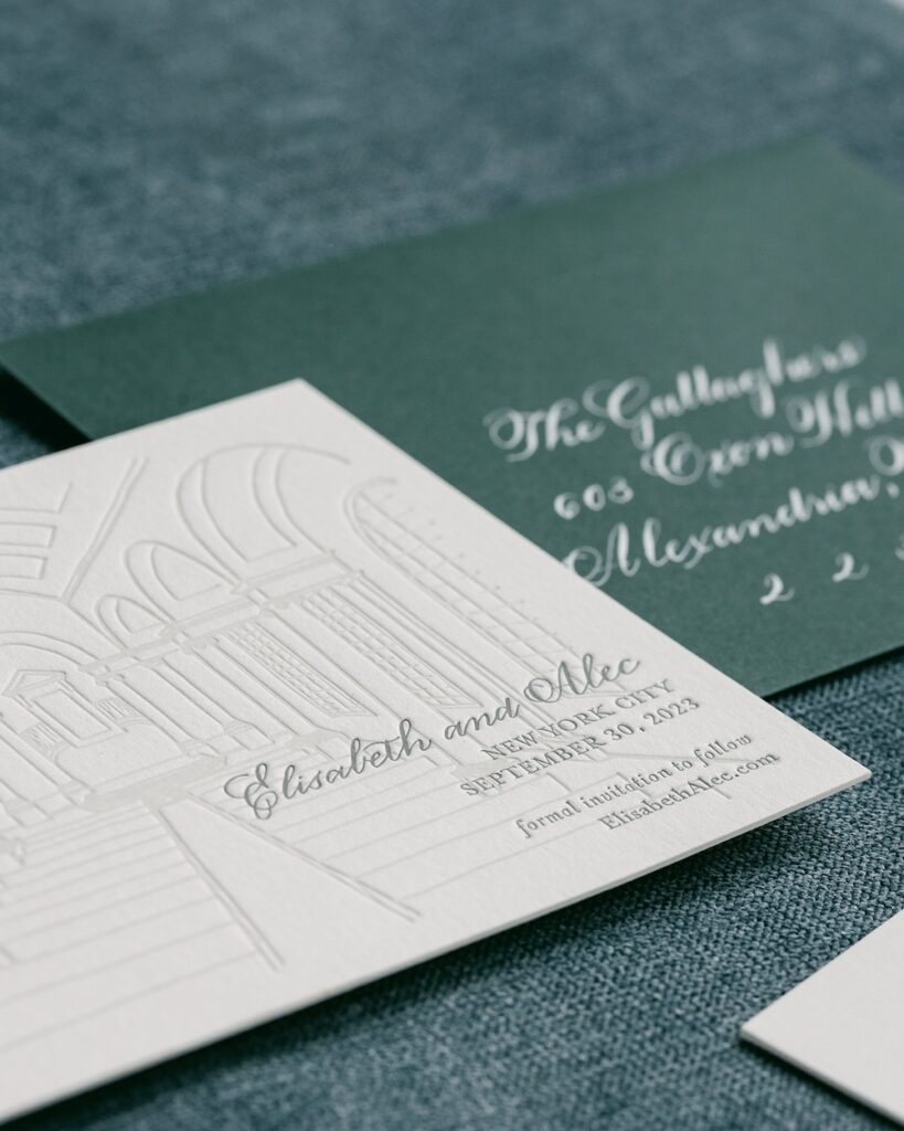 Letterpress save the date card for elegant new york city wedding. racing green envelope with white calligraphy. Laura Hooper Design House.