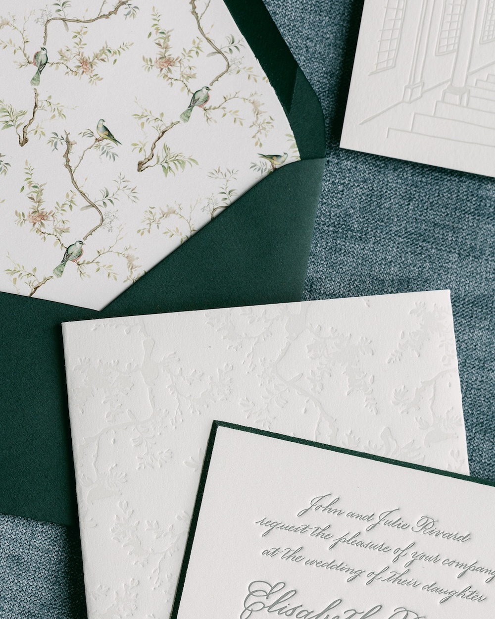 Modern wedding invitation suite with bird motif envelope liner, racing green details, grey text. Laura Hooper Design House. 