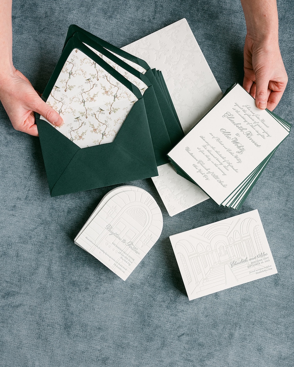 Elegant wedding invitation design with letterpress cards, bird motif envelope liner, blind deboss wrap. Laura Hooper Design House.