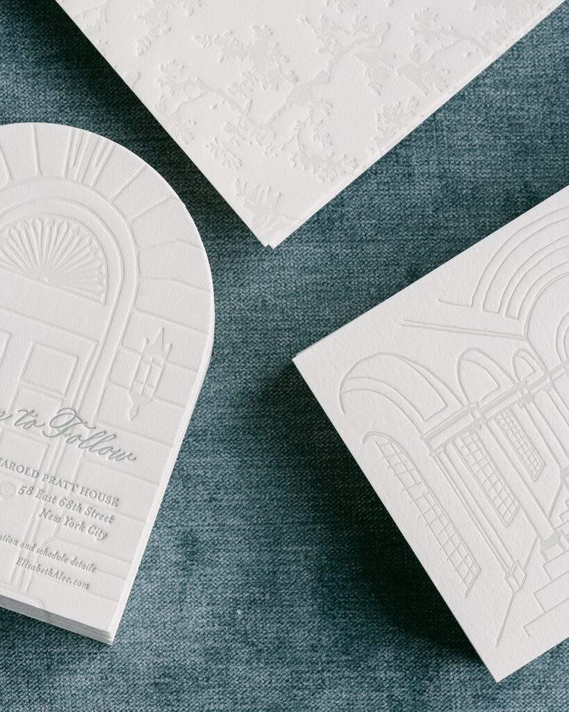 Extra thick cardstock wedding invitation suite, letterpress and blind emboss details. Laura Hooper Design house. 