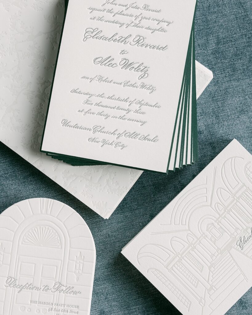 custom letterpress wedding invitation suite with green beveled edge and diecut details card. Laura Hooper Design House.