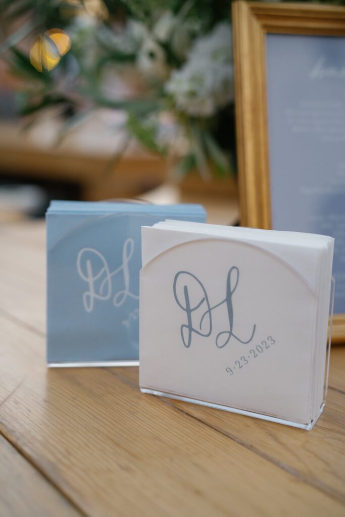 custom monogrammed wedding cocktail napkins, white and dusty blue. Laura hooper design house. 