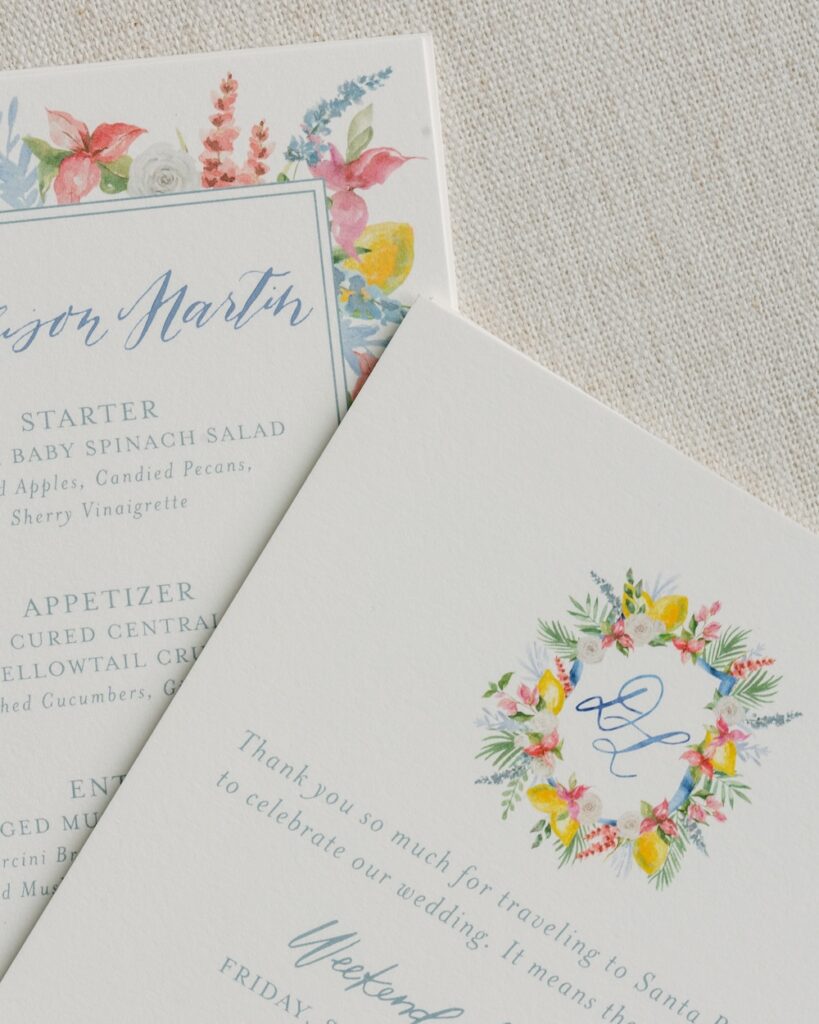 Colorful watercolor floral art and monogram crest for wedding day stationery. Laura Hooper Design House.