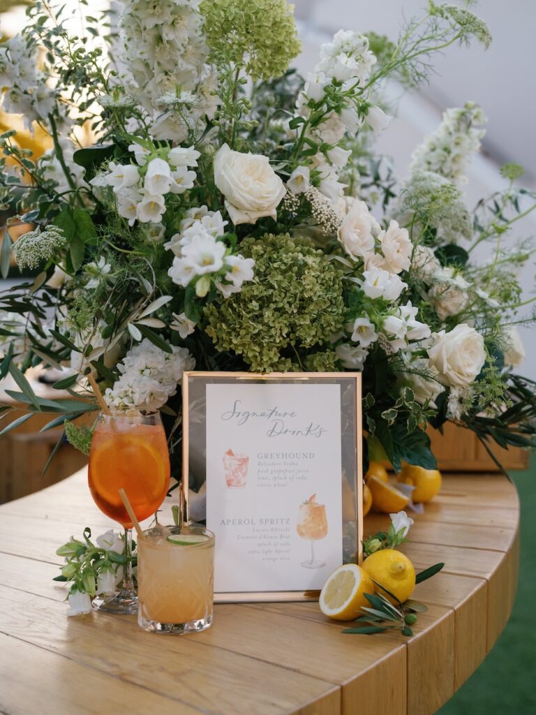 custom watercolor artwork bar sign, wedding signature cocktails. Laura Hooper design house. 