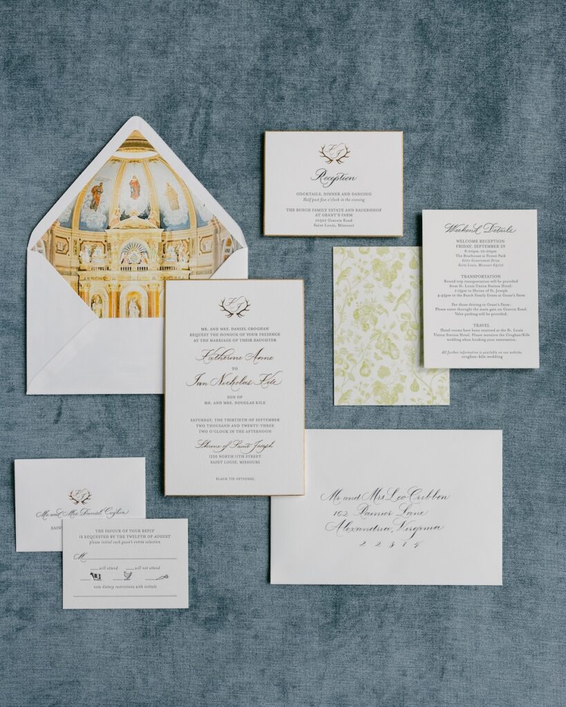 simple elegant wedding stationery design. ivory and gold foil. thick edge stationery. custom monogram. laura hooper design house