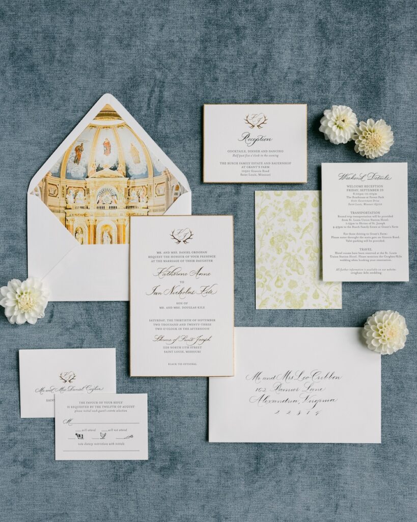 simple, elegant custom wedding invitation suite. ivory, gold foil, letterpress, custom watercolor art envelope liner. laura hooper design house