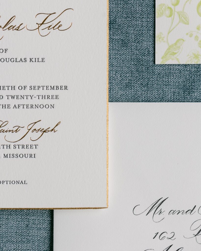 Thick gold edge wedding invitation, gold foil calligraphy. laura hooper design house