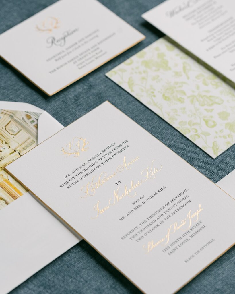 simple letterpress wedding invitation with gold foil, gold edge. thick stationery. laura hooper design house.