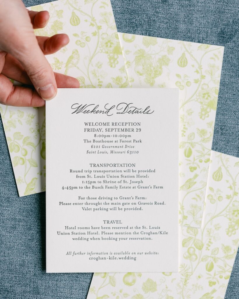 simple wedding details stationery card, ivory, black text, thick cardstock. floral inspired motif on back. laura hooper design house