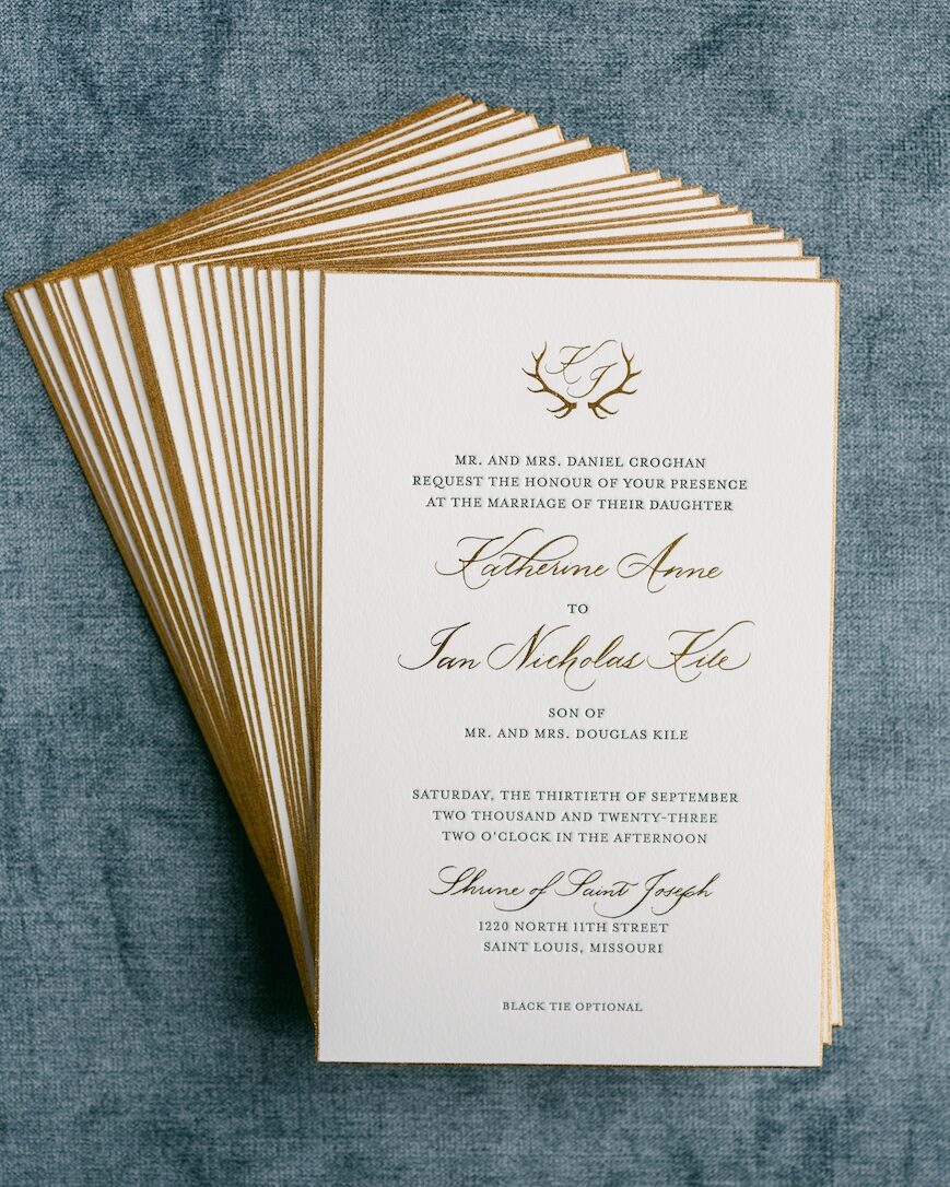 simple ivory and gold wedding invitation design, thick paper, gold edge. custom monogram design. laura hooper design house