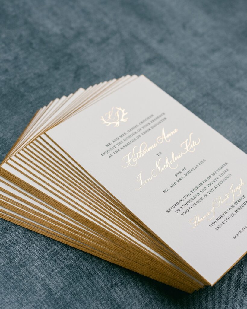 simple luxe wedding invitation design, gold edge, thick cardstock. gold foil calligraphy. laura hooper design house