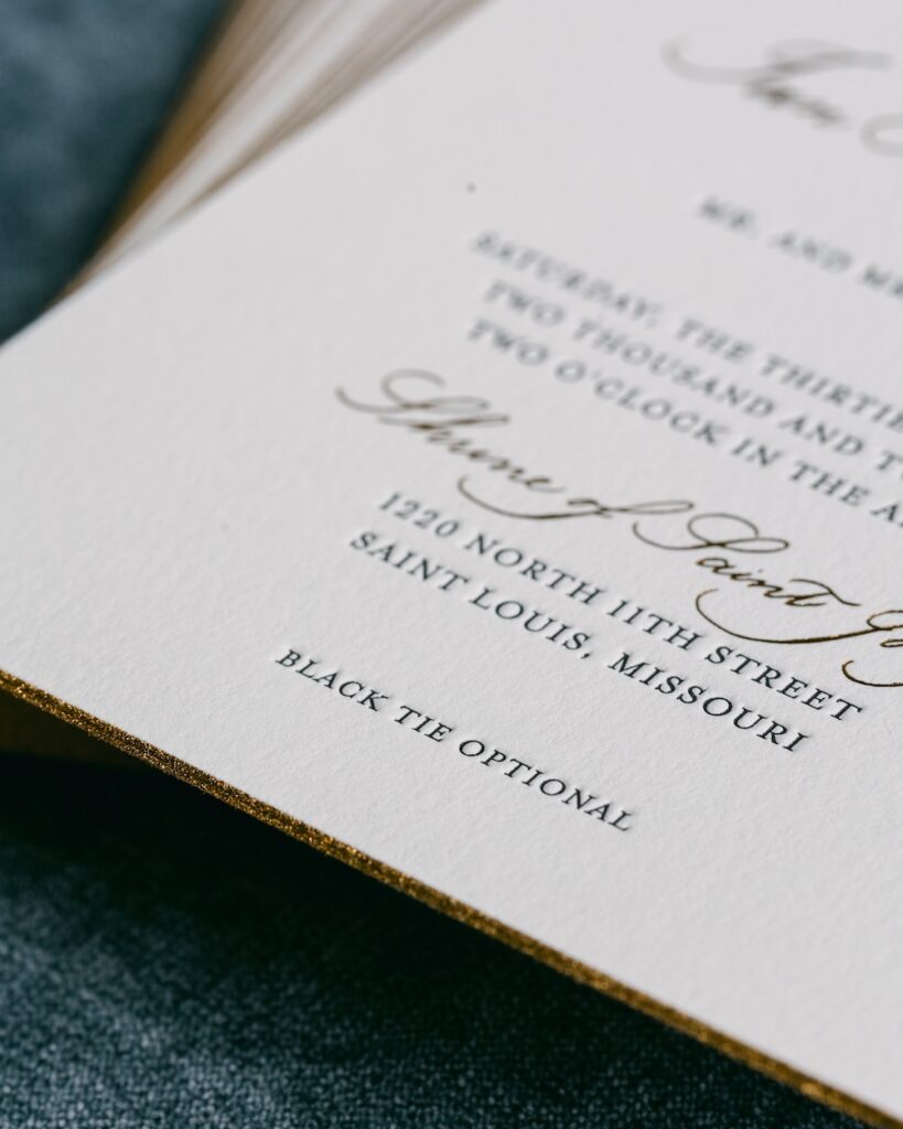 thick edge wedding stationery, gold bevel edge, gold foil and ivory. laura hooper design house