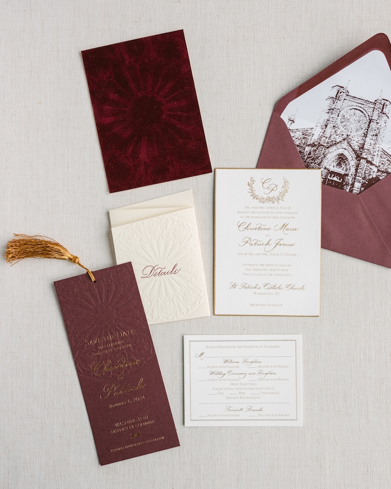 custom wedding stationery set for winter Washington dc wedding. gold foil, white, burgundy, velvet details, custom envelope liner artwork. Laura hooper design house. 