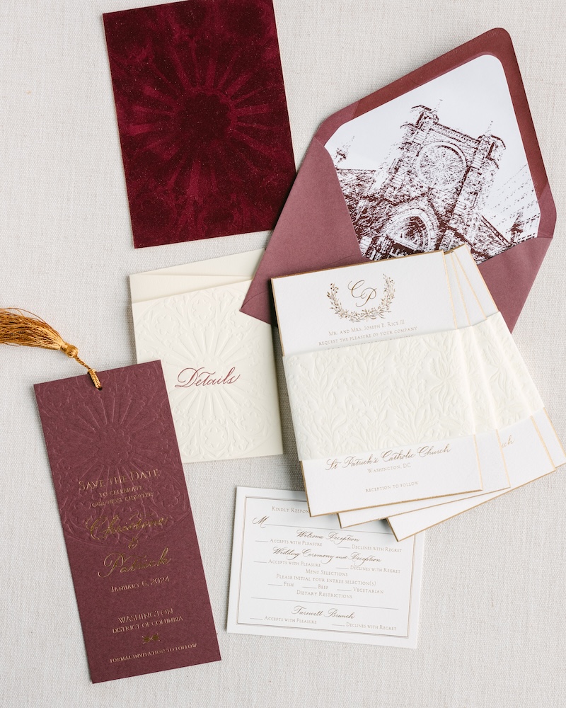 custom winter wedding stationery set, velvet, gold foil, burgundy and white. laura hooper design house