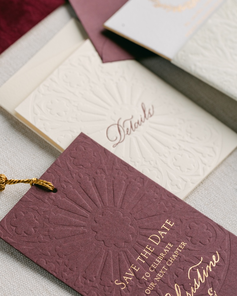 custom save the date bookmark, blind emboss wedding stationery with gold foil. laura hooper design house. 