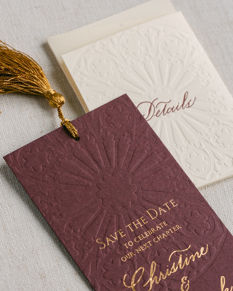 custom winter wedding stationery, blind emboss detailing, white and burgundy. laura hooper design house 