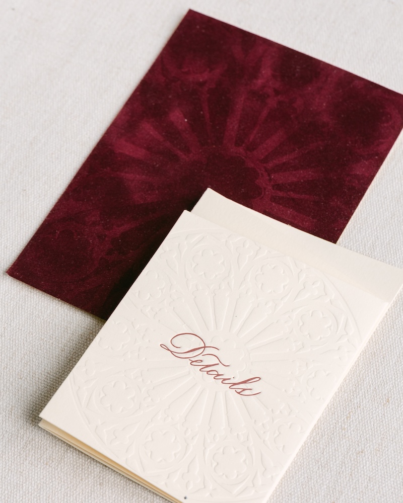 velvet back wedding invitation suite, blind embossed details card. custom winter wedding stationery. laura hooper design house