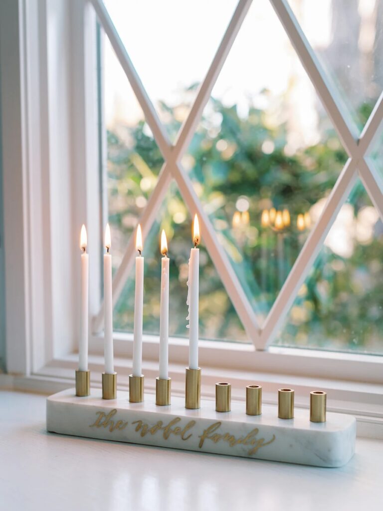 marble and brass modern minimalist menorah. laura hooper design house